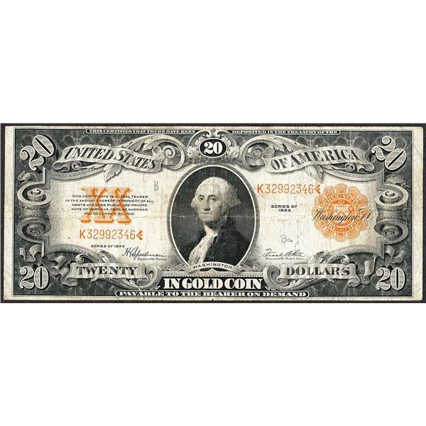 1922 $20 Gold Certificate Note