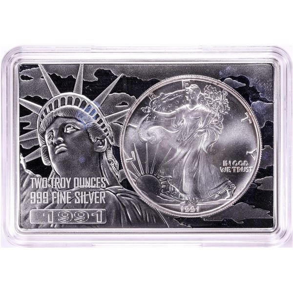 1991 $1 American Silver Eagle Coin & 2oz Silver Bar Set