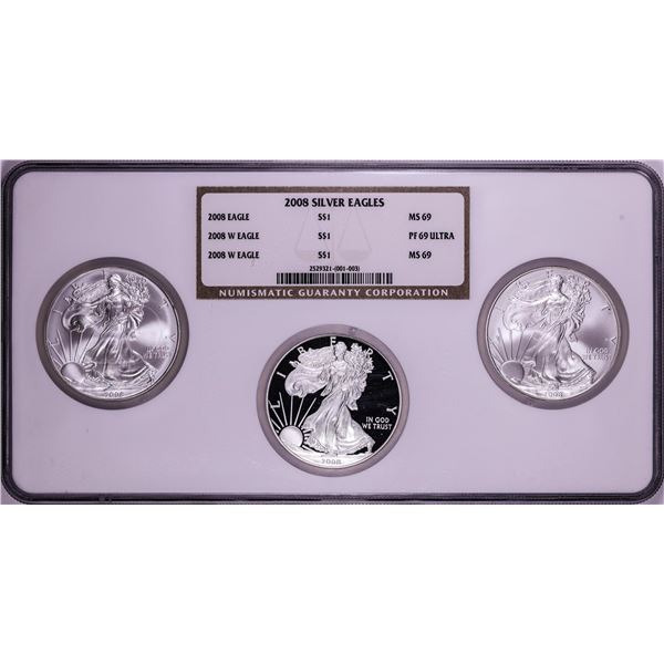 2008 & 2008-W $1 American Silver Eagle (3) Coin Set NGC MS69/PF69 Ultra Cameo