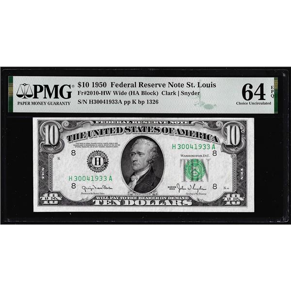 1950 $10 Federal Reserve Note St. Louis Fr.2010-HW PMG Choice Uncirculated 64EPQ