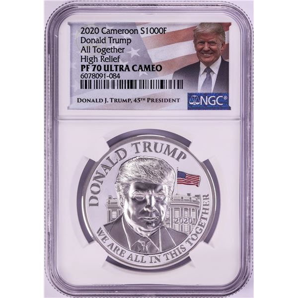 2020 Cameroon 1000 Francs High Relief Donald Trump Silver Coin NGC PF70 Ultra Cameo