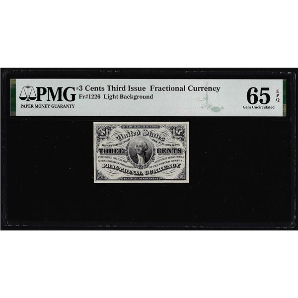 1863 Third Issue Three Cents Fractional Note Fr.1226 PMG Gem Uncirculated 65EPQ