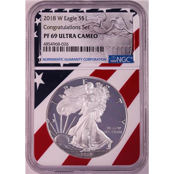 2018-W $1 Proof American Silver Eagle Coin NGC PF69 Ultra Cameo Congratulations Flag