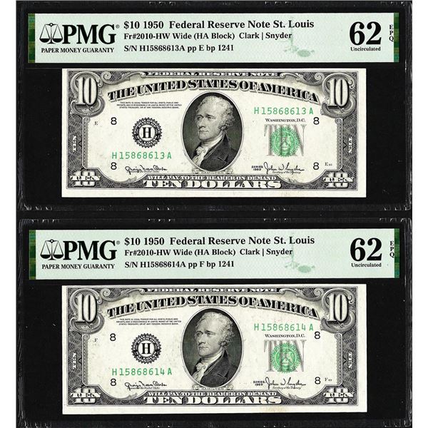 Lot of (2) Consecutive 1950 $10 Federal Reserve Notes St. Louis PMG Uncirculated 62EPQ