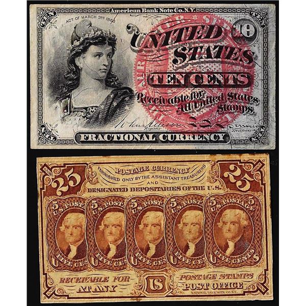 Lot of First Issue 25 Cents and Fourth Issue 10 Cents Fractional Currency Notes