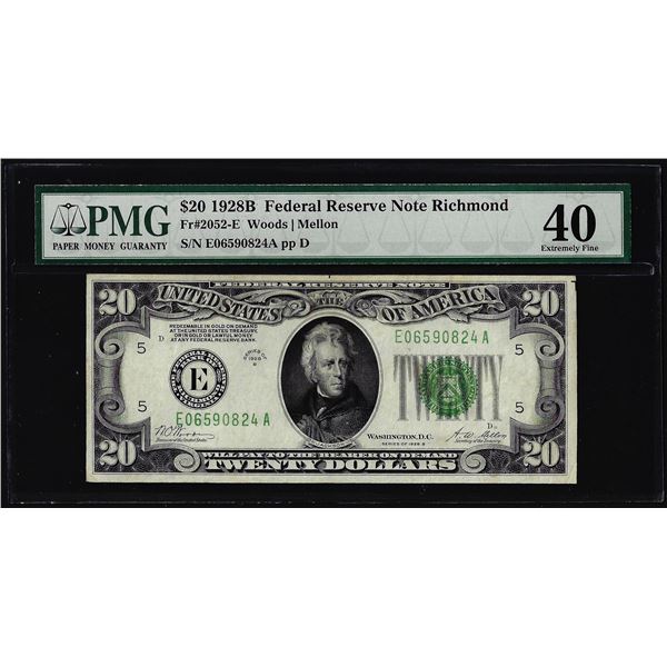 1928B $20 Federal Reserve Note Richmond Fr.2052-E PMG Extremely Fine 40