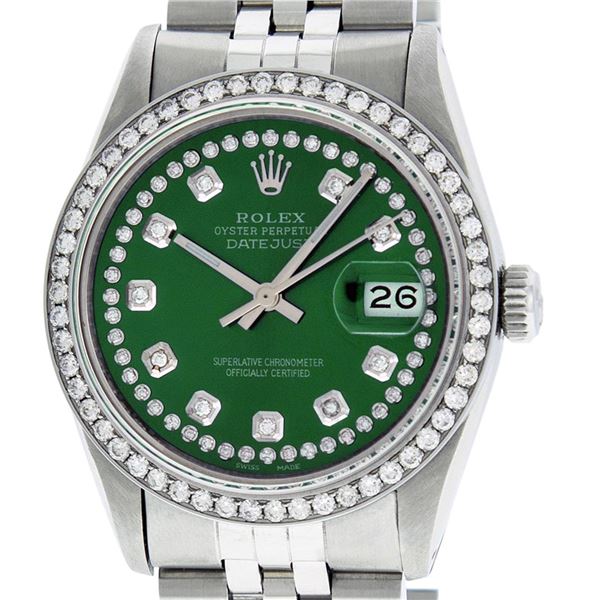 Rolex Mens Stainless Steel Green String Diamond Datejust Wristwatch
