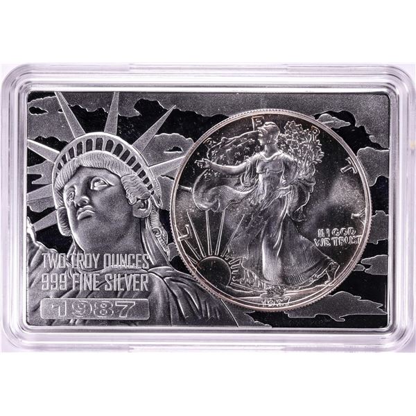 1987 $1 American Silver Eagle Coin & 2oz Silver Bar Set