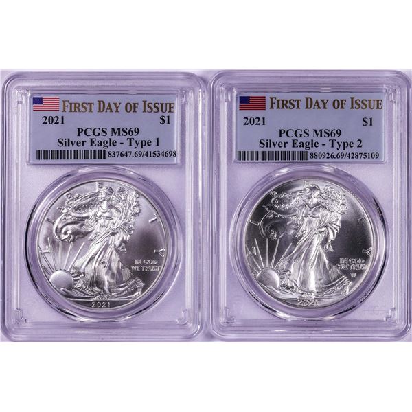 Lot of 2021 Type 1 & 2 $1 American Silver Eagle Coins PCGS MS69 First Day of Issue