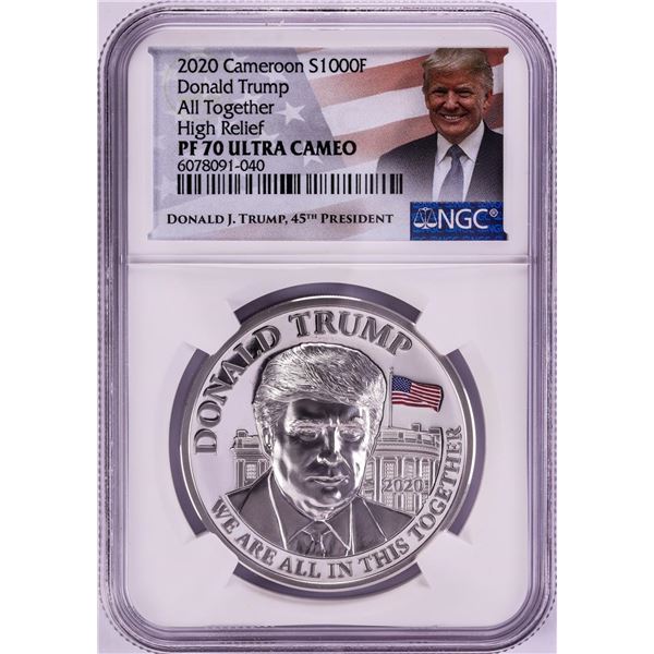2020 Cameroon 1000 Francs High Relief Donald Trump Silver Coin NGC PF70 Ultra Cameo