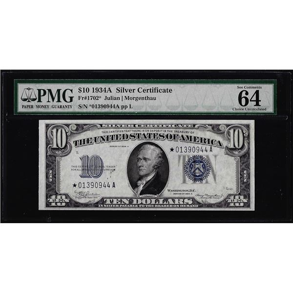 1934A $10 Silver Certificate Star Note Fr.1702* PMG Choice Uncirculated 64EPQ
