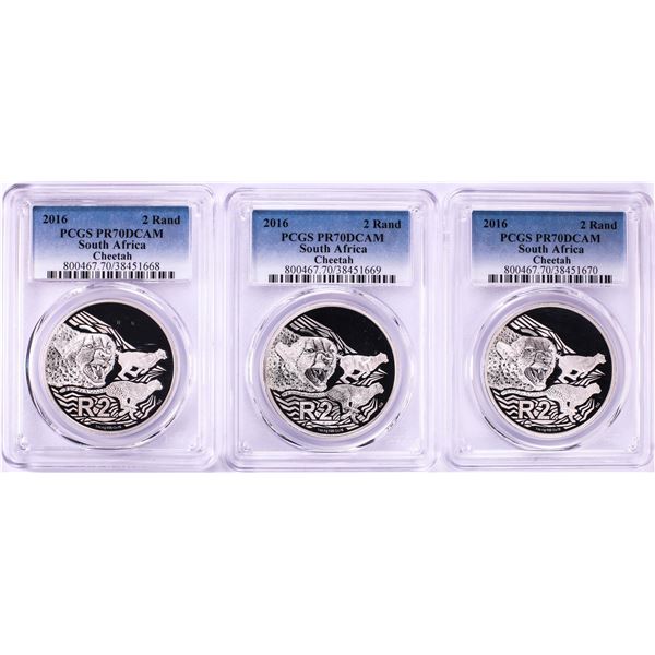 Lot of (3) 2016 Proof South Africa 2 Rand Cheetah Silver Coins PCGS PR70DCAM