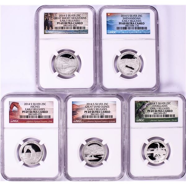 2014-S Silver Proof National Parks Quarter (5) Coin Set NGC PF69 Ultra Cameo ER