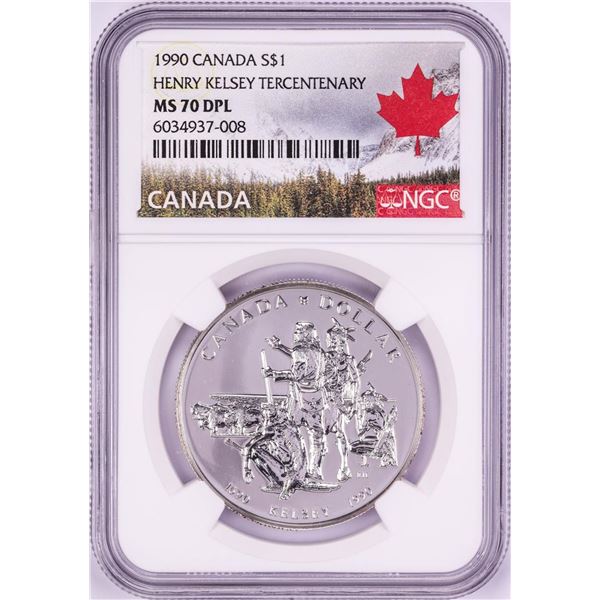 1990 $1 Canada Henry Kelsey Tercentenary Silver Dollar Coin NGC MS70 DPL