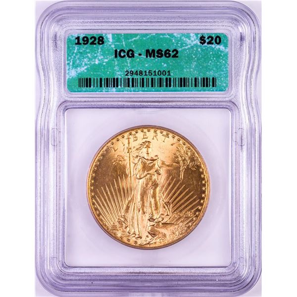 1928 $20 St. Gaudens Double Eagle Gold Coin ICG MS62