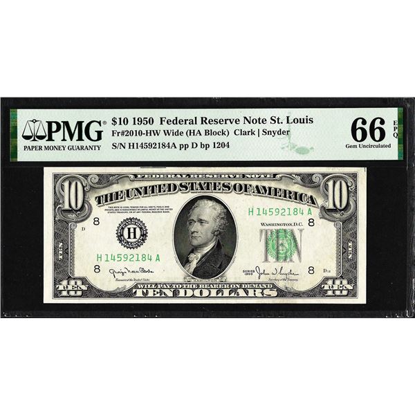 1950 $10 Federal Reserve Note St. Louis Fr.2010-HW Wide PMG Gem Uncirculated 66EPQ