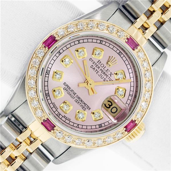 Rolex Ladies Two Tone Ice Pink Diamond & Ruby Datejust Wristwatch