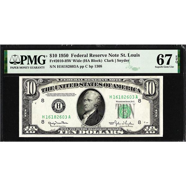 1950 $10 Federal Reserve Note St. Louis Fr.2010-HW PMG Superb Gem Uncirculated 67EPQ