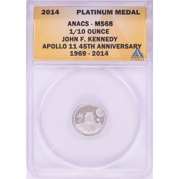 2014 Proof 1/10 oz Platinum JFK Apollo 11 Anniversary Medal ANACS MS68