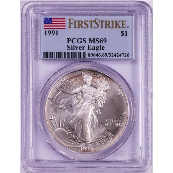 1991 $1 American Silver Eagle Coin PCGS MS69 First Strike