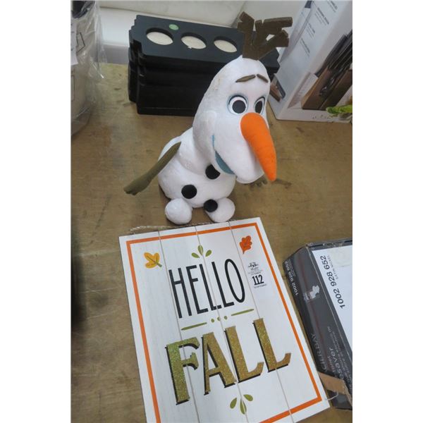 Stuffed Olfa Plush, Fall Wood Sign, Stack of Votive Candle Centerpieces