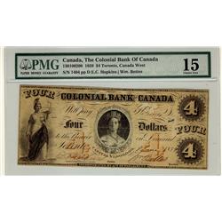 The Colonial Bank of Canada, 1859 $4 CH-130-10-02-08. PMG F1
