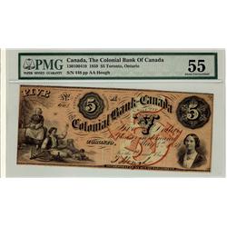 The Colonial Bank of Canada, 1859 $5 CH-130-10-04-10. PMG AU