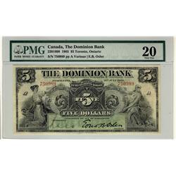 The Dominion Bank, 1905 $5 #750989 CH-220-16-08. PMG VF20.