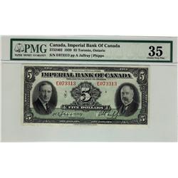 the Imperial Bank, 1939 $5 #E073313 CH-375-24-02. PMG VF35.