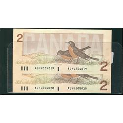 BC-55a, 1986 $2 #AUH4504019 to 020 UNC, two consecutive note