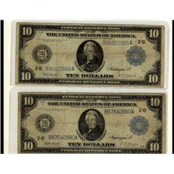 USA 1914 $10 FR-910 #B96829966A, #B87540980A. Lot of 2 notes