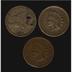 1857, 1859 and 1873 US 1¢.  Fine to VF