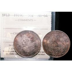 50¢ 1919c Nfld ICCS MS64.  Gem toning.  A must see.