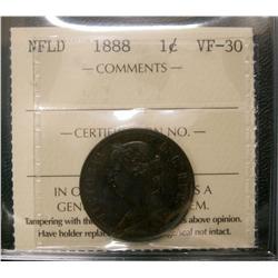 Nfld 1888 1¢ ICCS VF-30, nice chocolate brown example