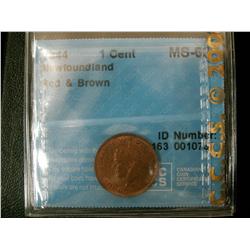 Nfld 1¢ 1944c CCCS graded MS-63 RB, scarce date