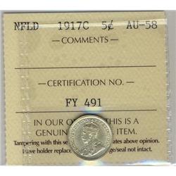 Nfld 1917c 5¢ ICCS AU58. Lots of lustre.