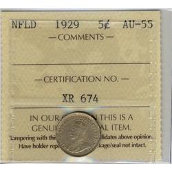 Nfld 1929 5¢ ICCS AU55. Well struck example.