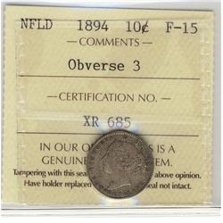 Nfld 1894 10¢ Obv 3 ICCS F15.