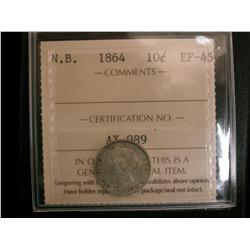 New Brunswick 1864 10¢ ICCS EF45, a well struck example