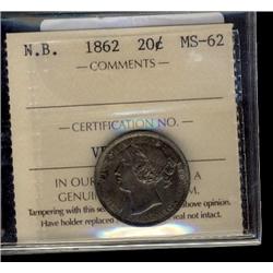 New Brunswick, 20 Cents 1862, graded ICCS MS-62. A nicely to