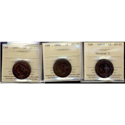 1882H Obv#2, 1896, 1897 1¢, all coins are ICCS AU-55