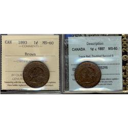 1887 & 1893 1¢.  Lot of two certified coins, 1887 CCCS MS60,