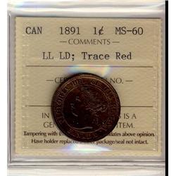 1891 1¢ LL LD, Trace Red ICCS MS60.
