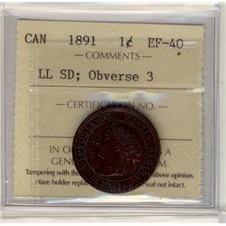 1891 1¢ LL SD Obv 3, ICCS EF40.