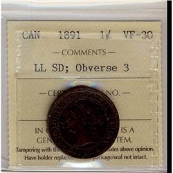 1891 1¢ LL SD Obv 3, ICCS VF30.