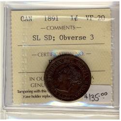 1891 SD SL Obv 3  1¢ ICCS VF20