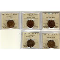 1899, 1902, 1910, 1911, 1916 1¢, all coins are ICCS MS-63 RB