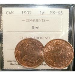 1¢ 1902 ICCS MS65RD.  A fully lustrous piece 95% red.