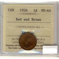 1926 1¢ ICCS MS64RB.  Key date coin with superb eye appeal.