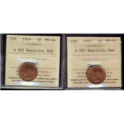 1¢ 1949 A Off Dent ICCS MS64RD.  Lot of two coins both full 